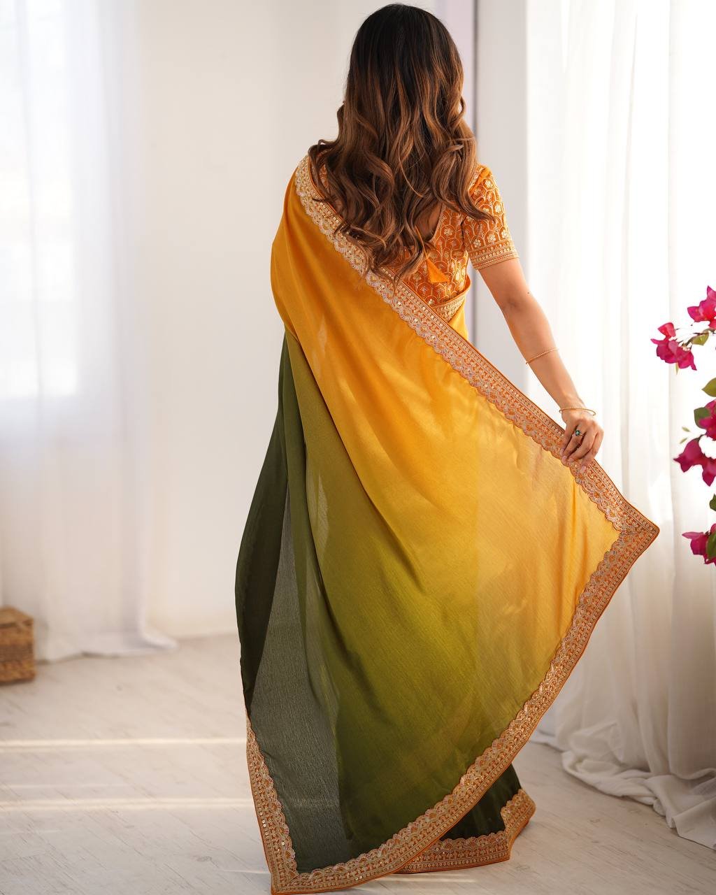 Women's Elegant Ombre Green Georgette Saree with Intricate Golden Zari & Stone Embellishments – Complete with Heavily Worked Blouse for Festive & Wedding Wear - Image 16